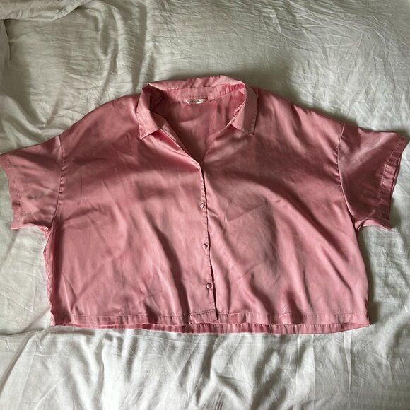 PJ SET - La Vie en Rose Satin Crop Button-Down Shirt and Satin Shorts Candy Pink - Picture 2 of 11